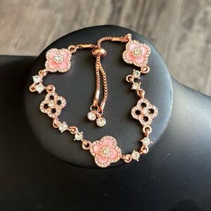 Delicate Pink Floral Adjustable Bracelet - Rose Gold/Copper Tone Rhinestones